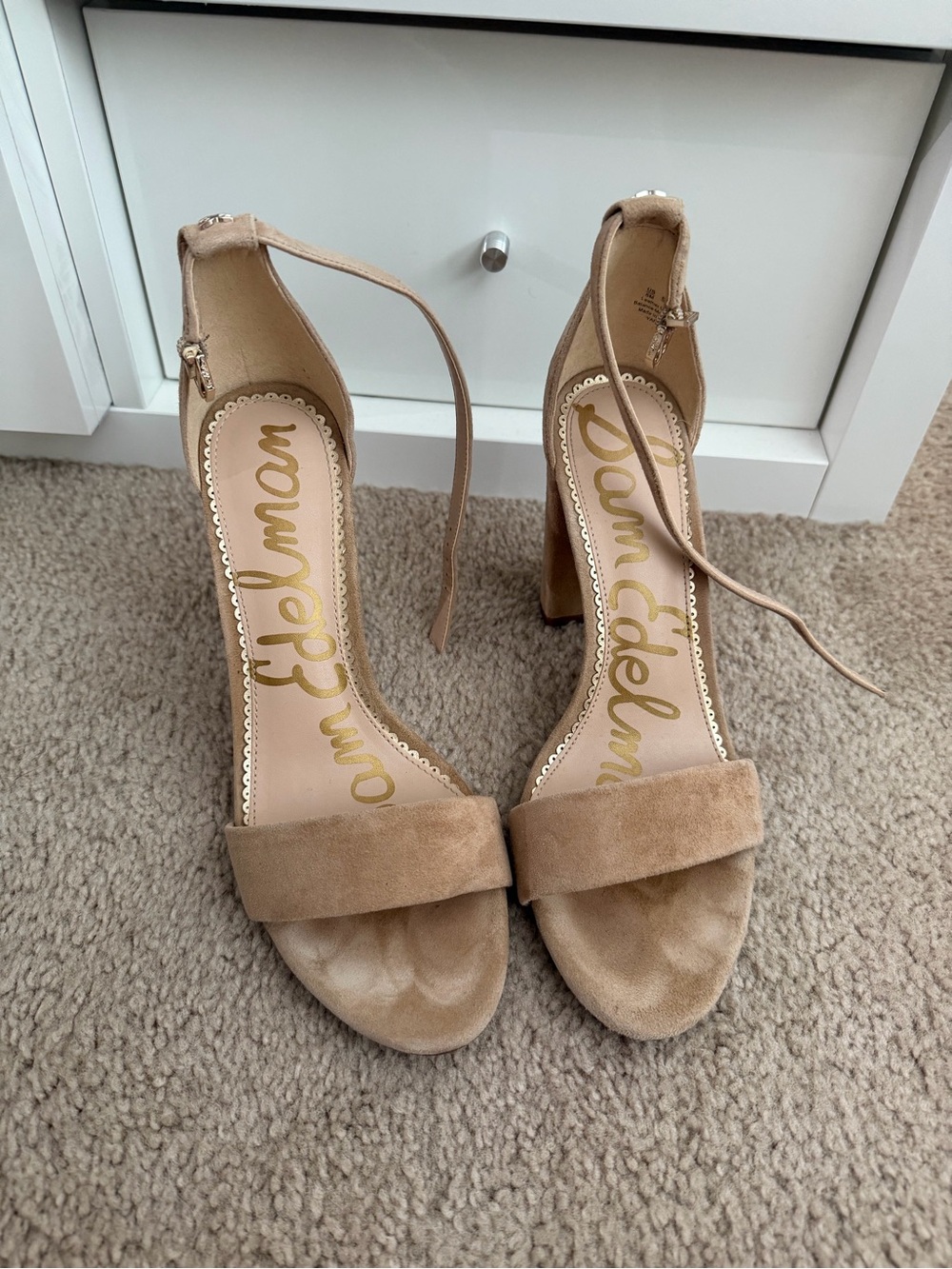 Sam Edelman Beige Suede Ankle-Tie Block Heel Sandals